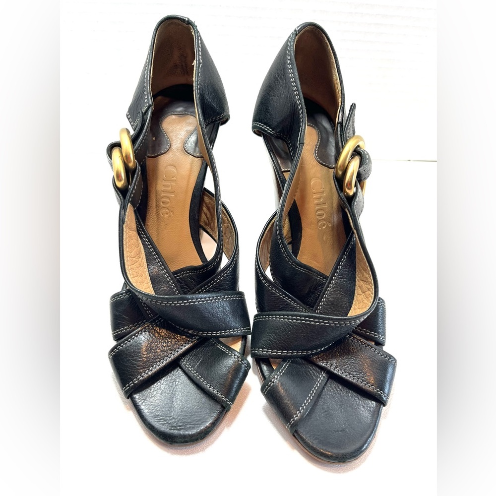 CHLOE Leather Buckle Woven Heeled Sandals